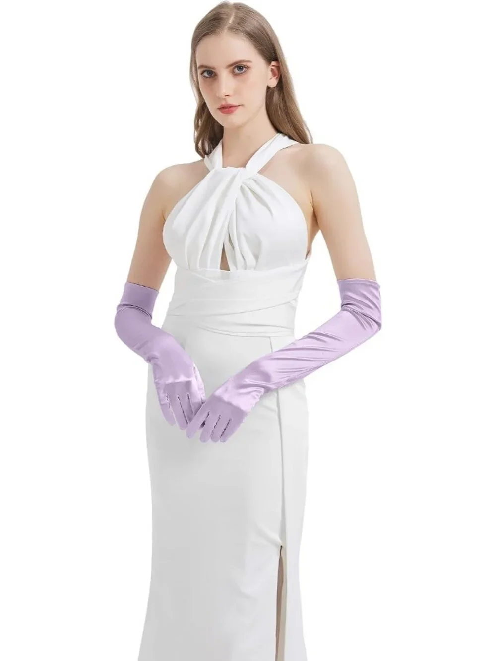 Women's Light Purple Satin Opera Elbow Length 1920s Flapper Long Gloves Party